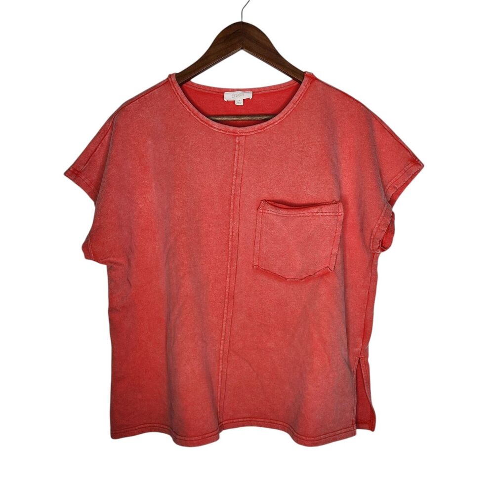Oddy Oversized SS Distressed Raw Hem Boho Coral T-Shirt Womens Sz Small